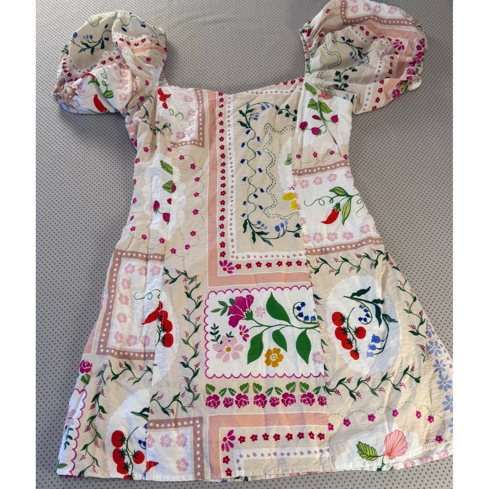 En Creme Floral Fruit Patchwork Puff Sleeve Cutout Mini Dress XL Cottagecore